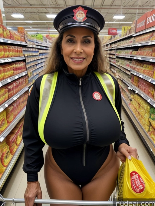 ai nude image of a woman in a uniform is posing in a grocery store pics of Milf Busty Huge Boobs 70s Front View Firefighter Microkini Grocery Indian