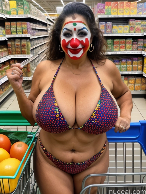 ai nude image of araffe woman in a bikini with a clown face painted on her face pics of Milf Busty Huge Boobs 70s Brazilian Front View Grocery Microkini Clown