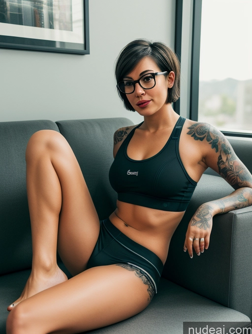 ai nude image of arafed woman with glasses sitting on a couch in a black sports bra pics of Woman One Glasses Beautiful Tattoos Big Ass 20s Orgasm Brunette Short Hair 3d Couch Front View Yoga Short Shorts High Socks Sports Bra Alternative Czech