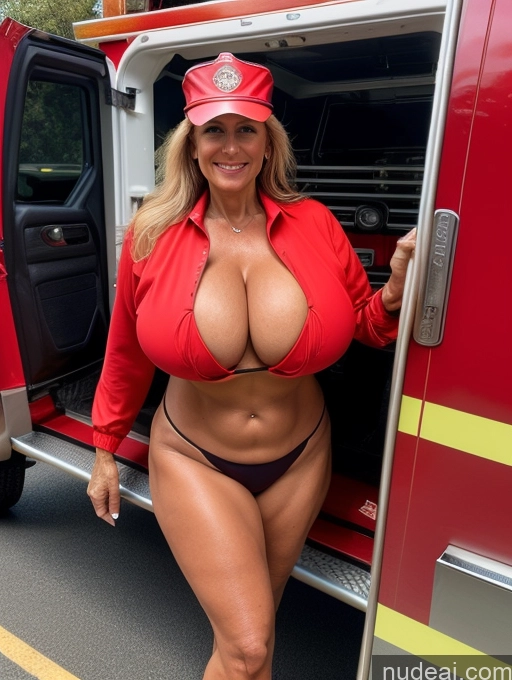 ai nude image of arafed woman in a red shirt and a red hat standing next to a fire truck pics of Milf Busty Huge Boobs 60s Front View Microkini Thong Tanned Skin Firefighter Thick