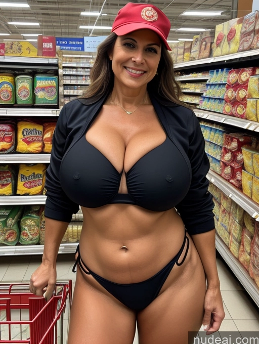 ai nude image of arafed woman in a black bikini and a red hat in a grocery store pics of Milf Busty Huge Boobs 70s Front View Microkini Thong Grocery Firefighter Latina