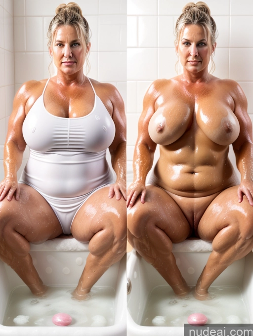 ai nude image of there are two women sitting in a bathtub with their breasts exposed pics of Milf 50s Thick Chubby Oiled Body Big Ass Muscular Onoff Dress Blonde Hair Bun Bathing