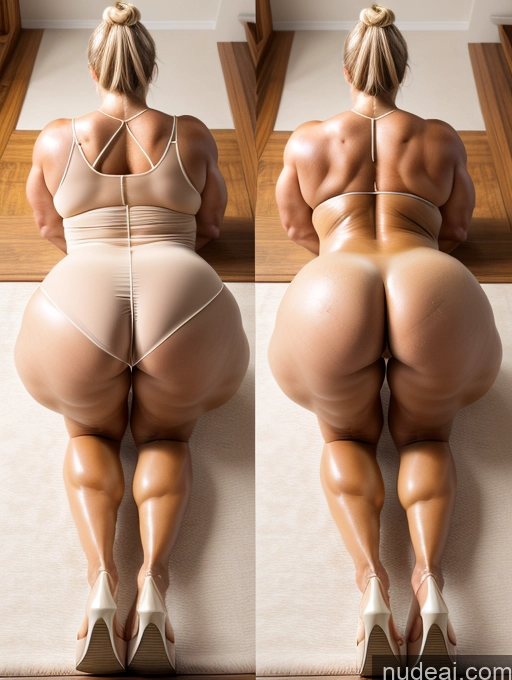 ai nude image of araffe butts and butts of a woman in a white bra top pics of Milf 50s Thick Chubby Oiled Body Big Ass Muscular Onoff Dress Blonde Hair Bun Plank High Heels