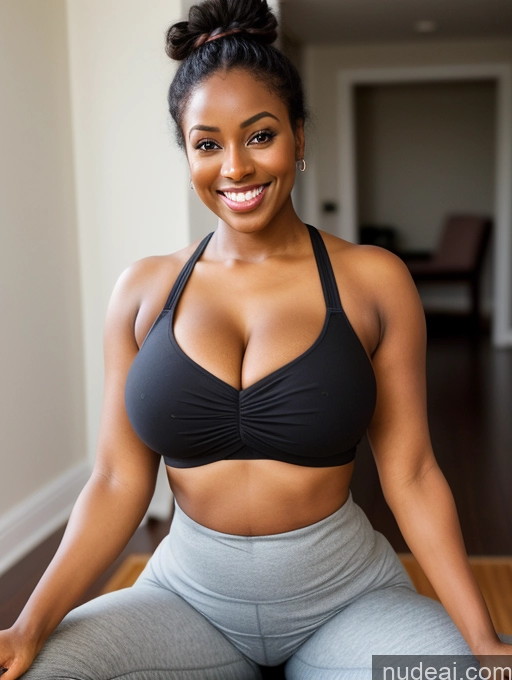 ai nude image of there is a woman in a black bra top and grey pants pics of Woman Busty Big Ass 20s Beautiful Happy Brunette Hair Bun Black Dark Skin Yoga Yoga Pants Cleavage