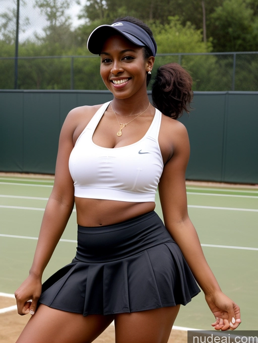 ai nude image of there is a woman that is standing on a tennis court pics of Woman Busty 20s Beautiful Happy Brunette Black Dark Skin Skinny Long Legs Ponytail Tennis Hat Straddling Cleavage