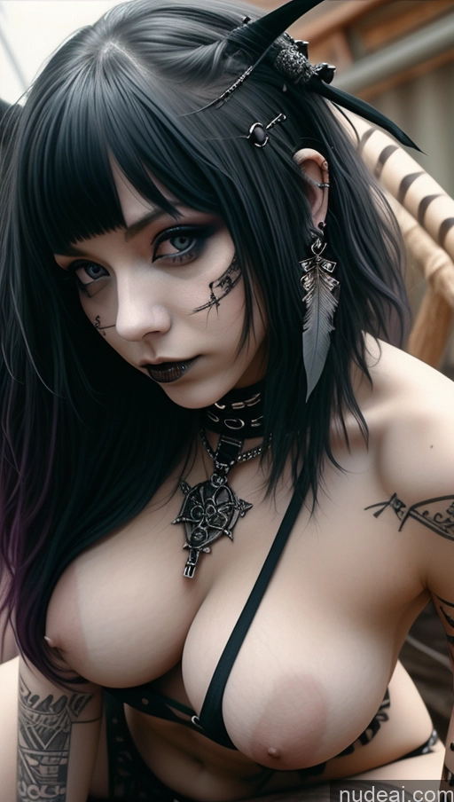 ai nude image of arafed woman with black hair and tattoos posing for a picture pics of Native American Busty Perfect Boobs Ginger Gothic Punk Girl Spread Pussy Close-up View