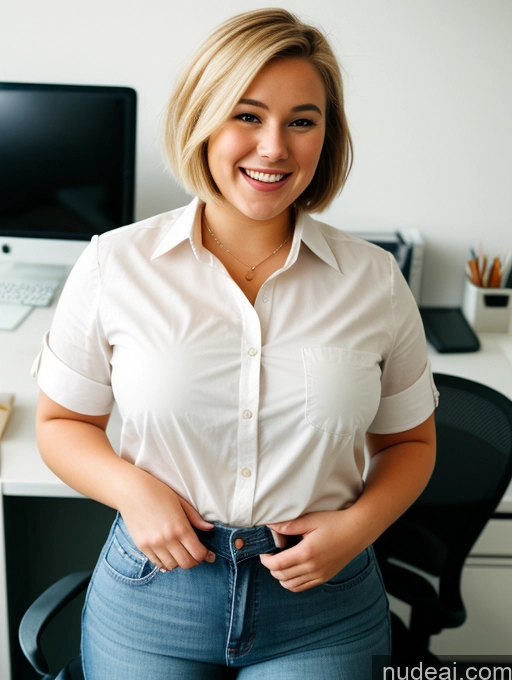 ai nude image of blond woman in white shirt and jeans standing in front of a computer pics of Woman One Short Small Tits Chubby Big Hips 18 Laughing Blonde Bobcut Film Photo Office Close-up View Shirt Jeans Boots Dutch