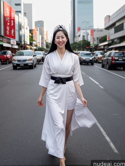 ai nude image of araffe dressed in a white robe walking down a street pics of Woman One Tall Fairer Skin Laughing Black Hair Bright Lighting Detailed Thai Front View T-pose Geisha Street 20s Perfect Boobs