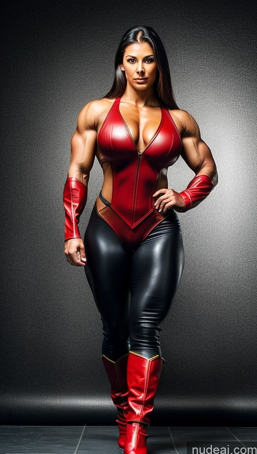 ai nude image of a woman in a red and black outfit posing for a picture pics of Superhero Leather Muscular Busty Abs Powering Up Bodybuilder