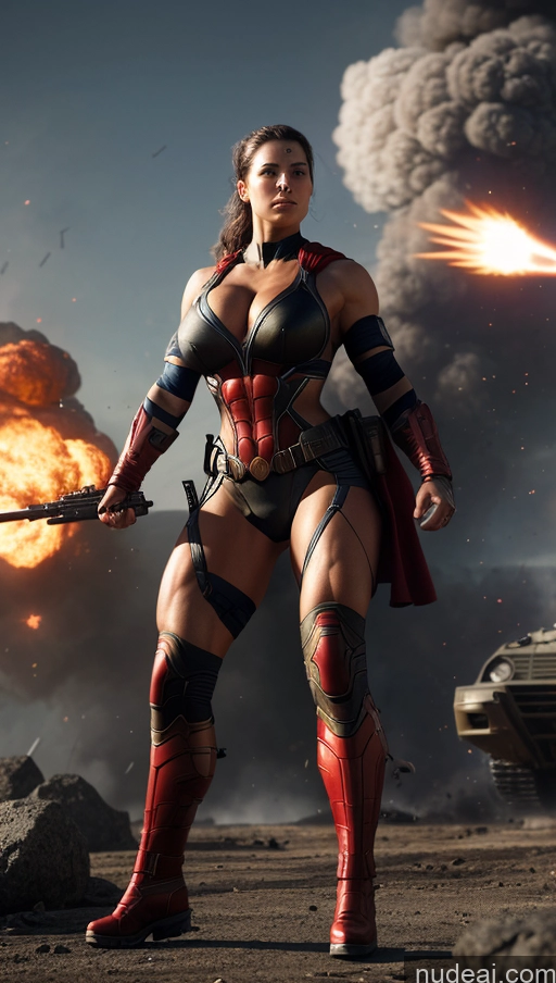 ai nude image of araffe woman in a costume with a sword and a tank in the background pics of Superhero Heat Vision Muscular Busty Small Tits Abs Science Fiction Style Battlefield Dynamic View Powering Up