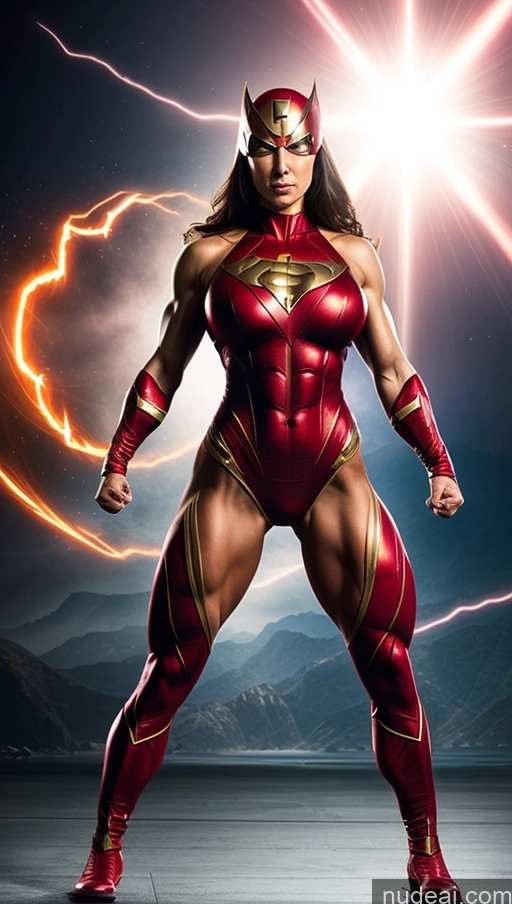 ai nude image of a woman in a red costume posing with lightning in the background pics of Superhero Heat Vision Muscular Busty Small Tits Abs Dynamic View Powering Up