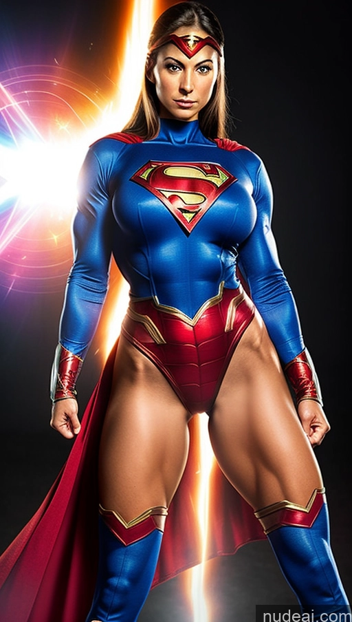 ai nude image of a close up of a woman in a superman costume posing for a picture pics of Superhero Heat Vision Muscular Busty Small Tits Abs Powering Up Superheroine