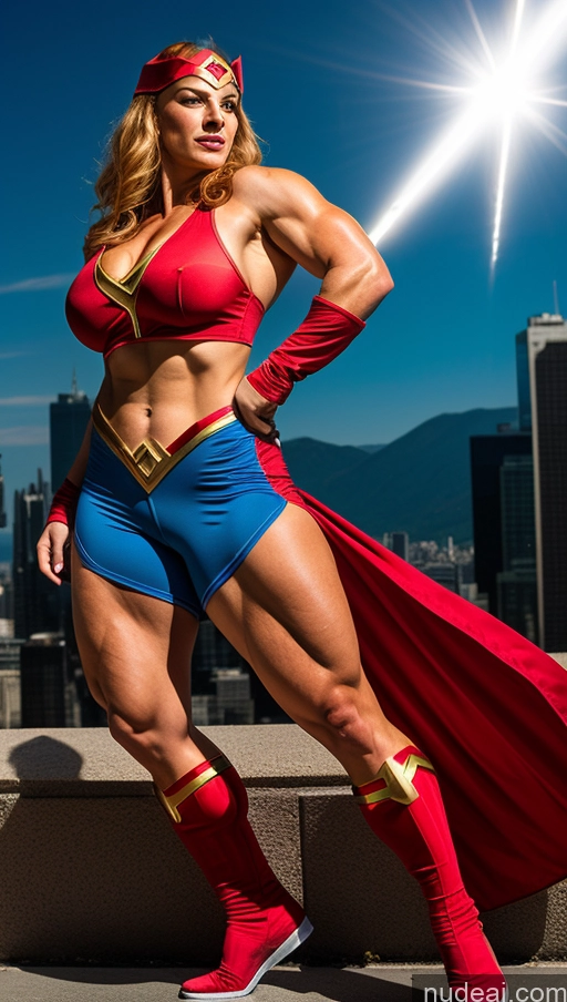 ai nude image of arafed woman in a red cape and blue shorts posing for a picture pics of Superhero Ginger Busty Abs Powering Up Bodybuilder Jewish