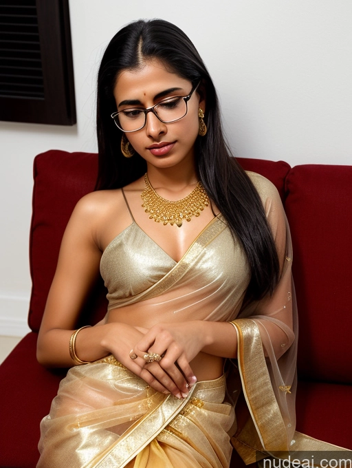 ai nude image of arafed woman in a gold sari sitting on a red couch pics of One Small Tits Black Hair Front View Sari Detailed Skinny Gold Jewelry Oiled Body Glasses 18 Couch Transparent Indian Shocked Sorority Slicked Sleeping