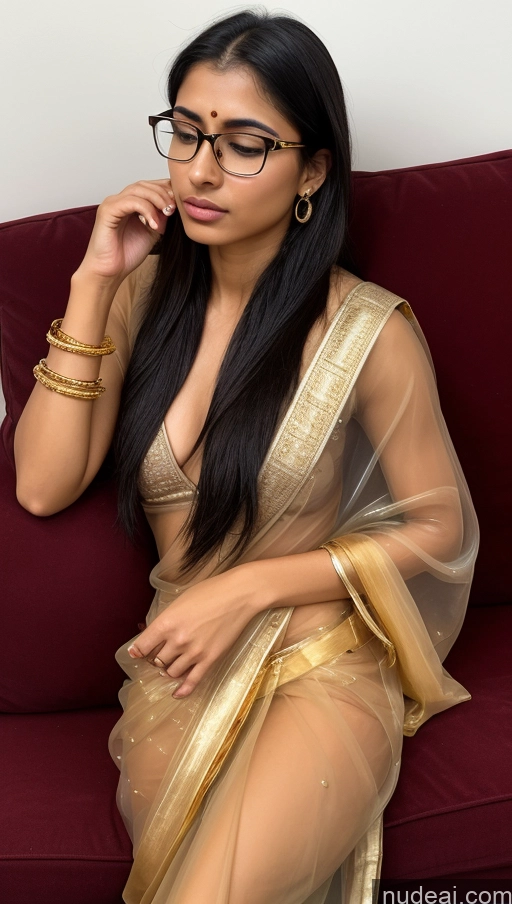 ai nude image of araffe woman in a sari sitting on a couch with a cell phone pics of One Small Tits Black Hair Front View Sari Detailed Skinny Gold Jewelry Oiled Body Glasses 18 Couch Transparent Indian Shocked Sorority Slicked Sleeping