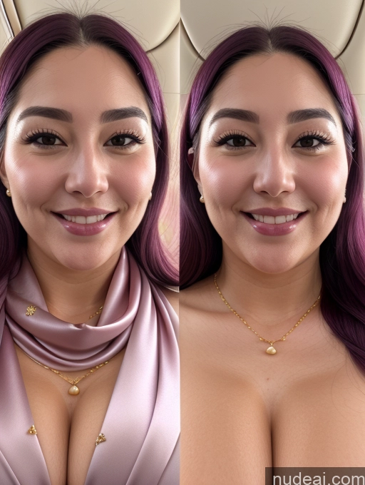 ai nude image of there are two pictures of a woman with purple hair and a necklace pics of One Busty Beautiful Thick Chubby Fat Big Hips 30s Happy Straight Korean Close-up View Flight Attendant Cleavage Diamond Jewelry Gold Jewelry Pearl Jewelry Scarf Onoff Satin Purple Hair