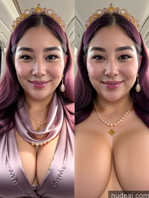 ai nude image of arafed woman with a tiable and a necklace on her neck pics of One Busty Beautiful Thick Chubby Fat Big Hips 30s Happy Straight Korean Close-up View Flight Attendant Cleavage Diamond Jewelry Gold Jewelry Pearl Jewelry Scarf Onoff Satin Purple Hair