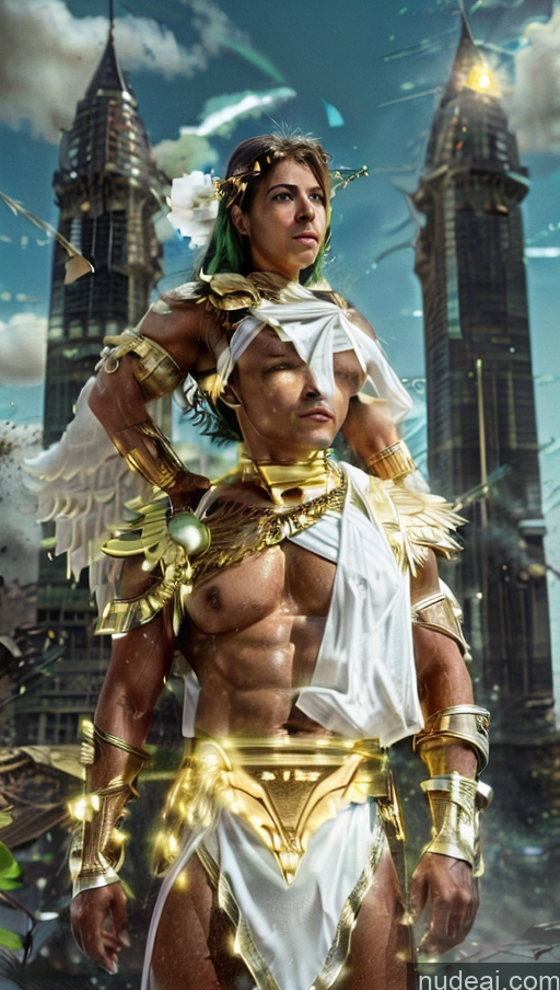 ai nude image of arafed man in a gold outfit with wings and a white cape pics of Woman Menstoga, White Robes, In White And Gold Costumem, Gold Headpiece, Gold Belt, Gold Chain Science Fiction Style Battlefield Busty Muscular Abs Green Hair Long Hair White Dynamic View Heat Vision Neon Lights Clothes: Green Has Wings Powering Up