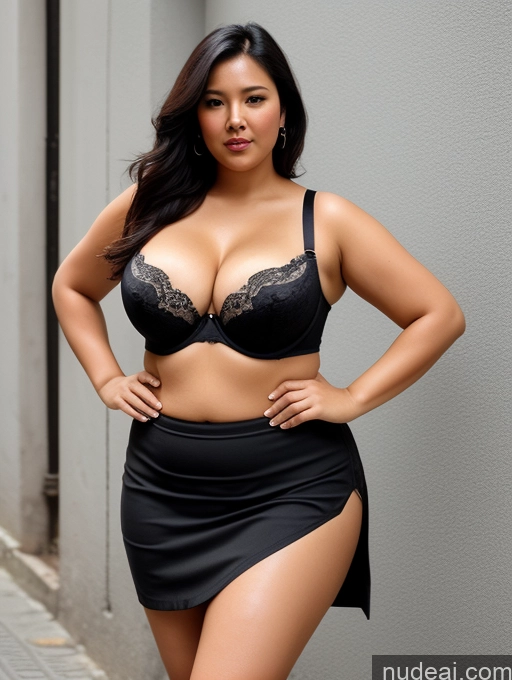 ai nude image of araffe woman in a black skirt and bra top posing for a picture pics of Woman One Chubby Busty 40s Black Hair Malaysian Street Front View Mini Skirt Push-up Bra