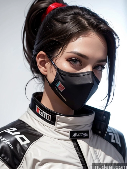 ai nude image of a close up of a woman wearing a black and white mask pics of Model One Perfect Boobs Beautiful Perfect Body 20s Sexy Face Seductive Serious Black Hair Ponytail Spanish Face Mask Race Driver Detailed