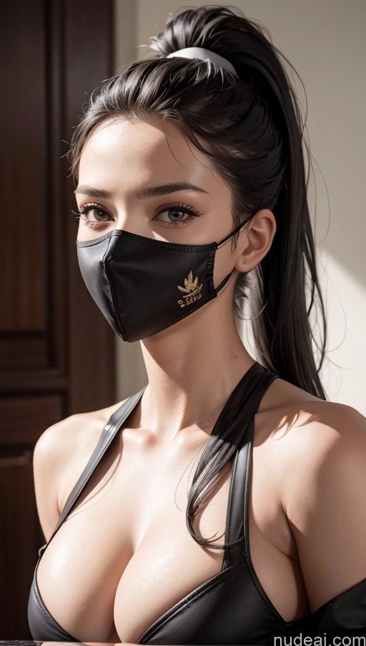 ai nude image of a woman wearing a black mask and a black bra top pics of Model One Perfect Boobs Beautiful Perfect Body 20s Sexy Face Seductive Serious Black Hair Ponytail Spanish Face Mask Detailed Military