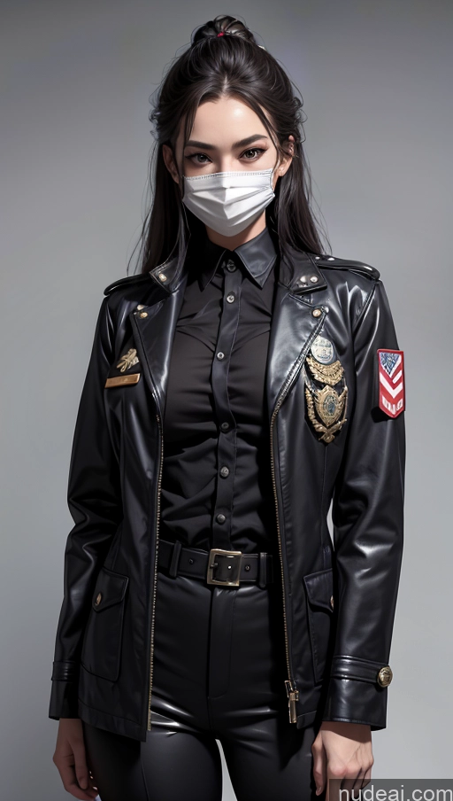 ai nude image of arafed woman in a black leather jacket and mask pics of Model One Perfect Boobs Beautiful Perfect Body 20s Sexy Face Seductive Serious Black Hair Spanish Face Mask Detailed Military Viking Victorian Suit Stylish Police Firefighter Jumpsuit Jacket