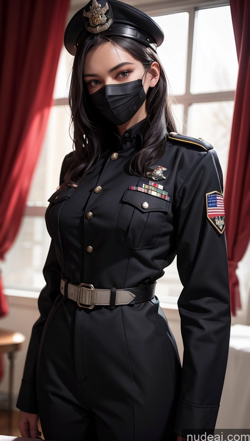 ai nude image of arafed woman in uniform with a mask on standing in front of a window pics of Model One Perfect Boobs Beautiful Perfect Body 20s Sexy Face Seductive Serious Black Hair Spanish Face Mask Detailed Military Viking Victorian Suit Stylish Police Firefighter Jumpsuit Jacket Long Hair