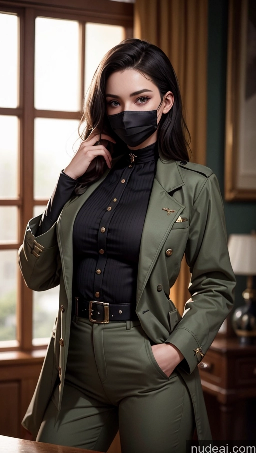 related ai porn images free for Model One Beautiful Perfect Body 20s Sexy Face Seductive Serious Black Hair Spanish Face Mask Detailed Military Victorian Suit Stylish Jumpsuit Jacket Perfect Boobs Straight