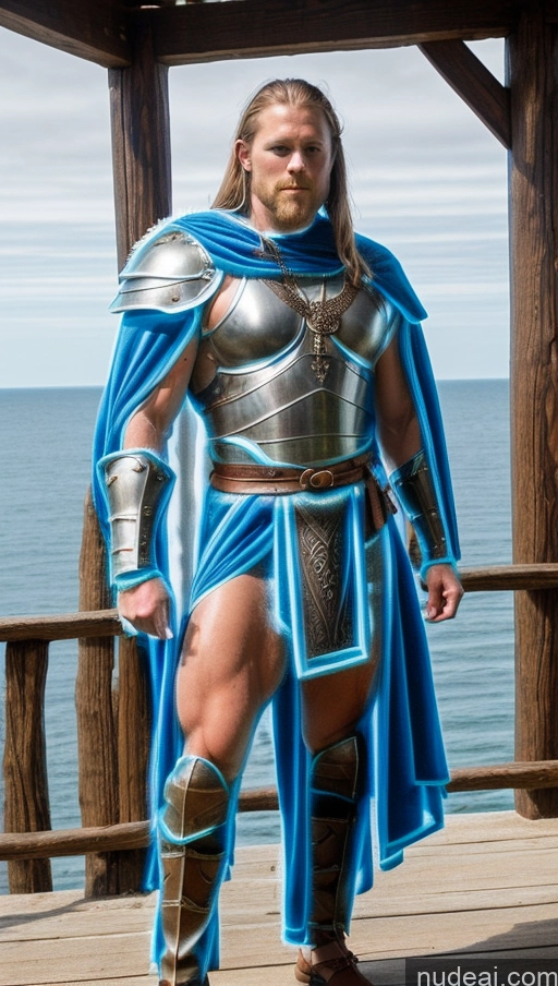 ai nude image of arafed man dressed in armor and blue cape standing on a pier pics of Angel Fantasy Armor Busty Abs Bodybuilder Neon Lights Clothes: Blue Deep Blue Eyes Muscular Viking Knight