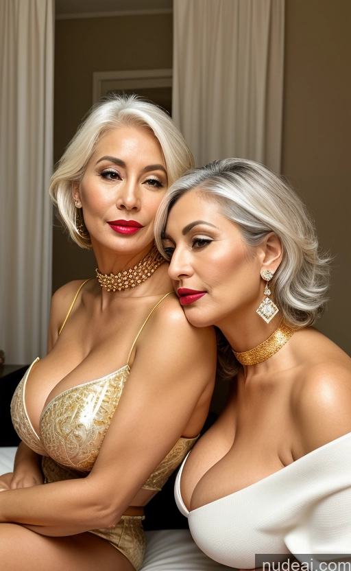 ai nude image of blond women in gold lingersuits posing for a picture pics of Milf Two Huge Boobs Lipstick Big Ass 40s Sexy Face White Hair Long Hair Asian Bedroom Front View Choker High Heels Gold Jewelry Diamond Jewelry Bright Lighting