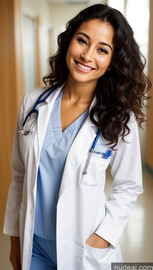 ai nude image of arafed woman in a white lab coat and blue scrubs pics of One Beautiful Short Tanned Skin Black Hair Middle Eastern Woman Hospital 20s Small Tits Small Ass Skinny Happy Curly Hair Doctor Close-up View