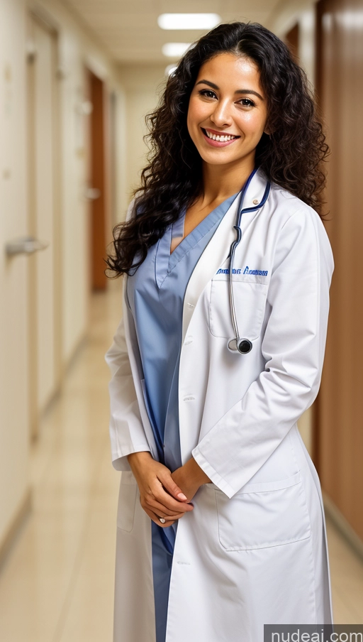 ai nude image of arafed woman in a white lab coat standing in a hallway pics of One Beautiful Short Tanned Skin Black Hair Middle Eastern Woman Hospital 20s Small Tits Small Ass Skinny Happy Curly Hair Doctor Close-up View