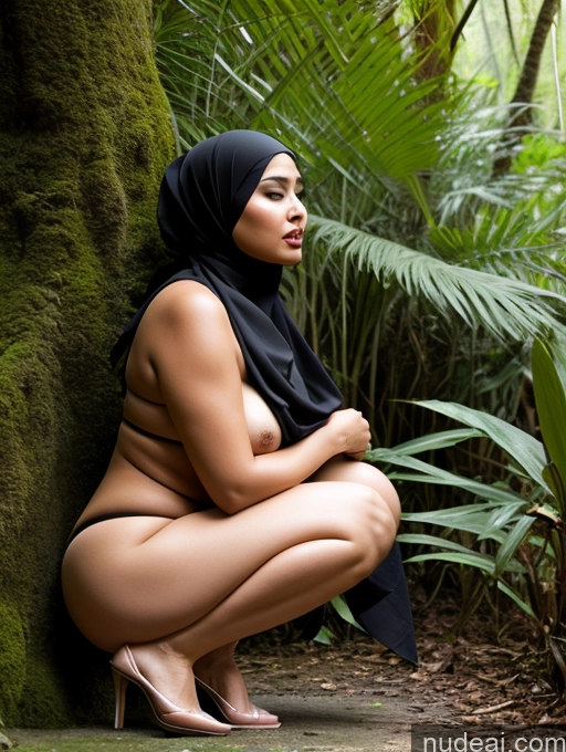 ai nude image of araffe woman in hijab kneeling on a stone floor in front of a tree pics of One Chubby 50s Orgasm Black Hair Front View Bobcut Niqab Jungle Squatting Woman Malaysian Nude High Heels Bra Thong