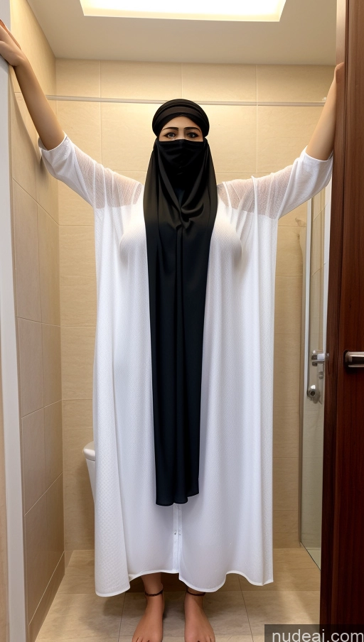 ai nude image of araffe dressed in a black and white robe standing in a bathroom pics of Woman Two Perfect Boobs Small Tits Glasses Lipstick Sunglasses Abs Big Hips Long Legs Perfect Body Pubic Hair Fairer Skin Long Hair Arabic Bathroom Front View Niqab T-pose 30s Ahegao