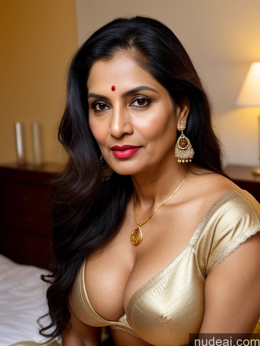 ai nude image of araffe woman in a gold dress posing on a bed pics of Milf Busty Beautiful Lipstick Big Ass Fairer Skin 50s Pouting Lips Black Hair Long Hair Indian Bedroom Bra Sari Jewelry Gold Jewelry Bright Lighting Detailed Seductive Sexy Face Front View