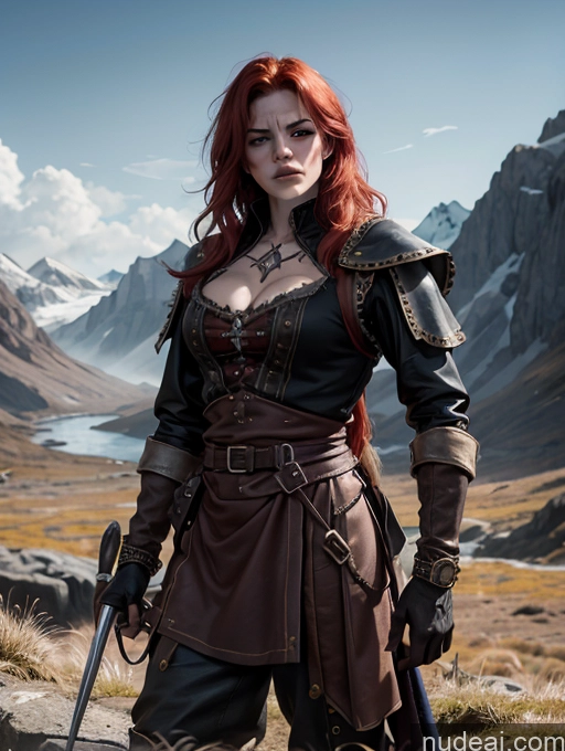 ai nude image of there is a woman with red hair and a sword standing on a hill pics of Athlete Perfect Boobs Busty Muscular Abs Pubic Hair Tall 30s Angry Ginger Messy Irish Dark Fantasy Mountains Jumping Apron Boots Cosplay Goth Leather Medieval Steampunk Viking French Musketeer Dress Cleavage