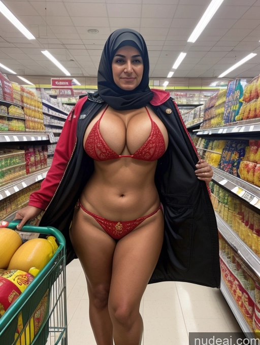 ai nude image of araffe in a red bikini and black jacket standing in a grocery store pics of Milf One Busty Huge Boobs Tanned Skin Grocery Front View Microkini Thong Arabic Firefighter Thick