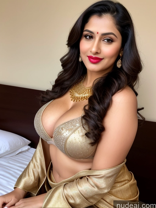 ai nude image of sexy indian woman in gold sari posing on a bed pics of Milf Busty Beautiful Lipstick Chubby Thick 20s Happy Seductive Brunette Long Hair Russian Bedroom Front View Sari Cleavage Diamond Jewelry Gold Jewelry Detailed Big Hips Pouting Lips Spreading Legs