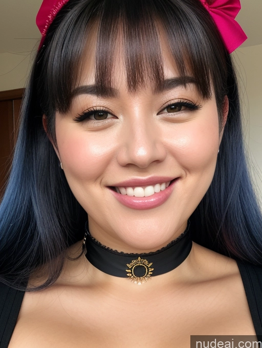 ai nude image of arafed woman with a pink bow and a black top pics of Woman One Busty Perfect Boobs Big Ass Chubby Blue Hair Pigtails Choker Happy Korean 30s Close-up View