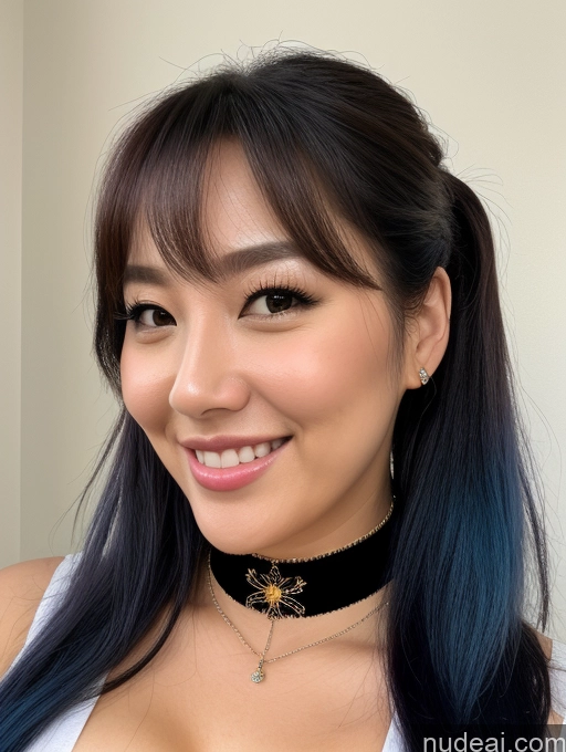 ai nude image of arafed asian woman with blue hair and a black choker pics of Woman One Busty Perfect Boobs Big Ass Chubby Blue Hair Pigtails Choker Happy Korean 30s Close-up View