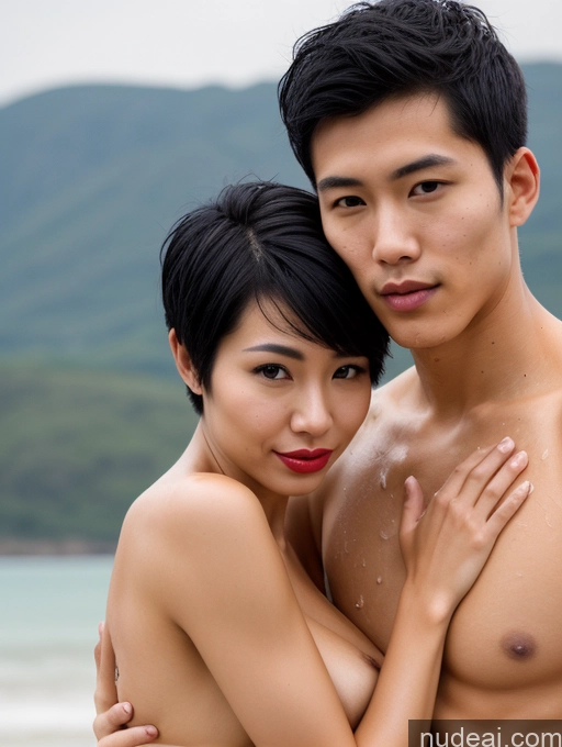 ai nude image of they are two asian people posing for a picture on the beach pics of One Perfect Body Oiled Body Black Hair Asian Pixie Nude Busty Long Legs Lipstick 20s Sad Woman + Man Skinny Close-up View Cumshot