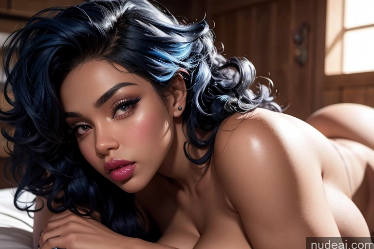 ai nude image of arafed woman with blue hair laying on a bed pics of Huge Boobs Beautiful Big Ass Perfect Body Big Hips Chubby Dark Skin 18 Pouting Lips Sexy Face Seductive Blue Hair Curly Hair Black Close-up View Nude Woman