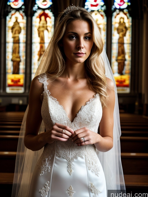 ai nude image of arafed bride in a white wedding dress standing in front of stained glass windows pics of Woman One Beautiful Skinny Small Tits 20s Serious Long Hair White Soft + Warm Church Front View Wedding Dark Lighting Detailed Blonde Cleavage