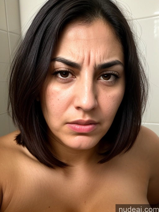 ai nude image of arafed woman with a very large breast in a bathroom pics of Seductive Serious Sad Sexy Face Angry Busty Perfect Boobs Thick Tanned Skin 30s Bending Over Close-up View Bathroom Black Hair Bobcut Jewish Nude Sorority