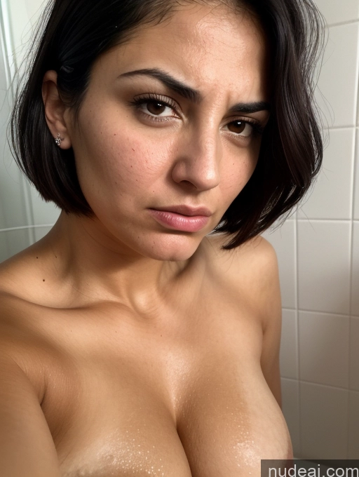 ai nude image of arafed woman with a very big breast in a bathroom pics of Seductive Serious Sad Sexy Face Angry Busty Perfect Boobs Thick Tanned Skin 30s Bending Over Close-up View Bathroom Black Hair Bobcut Jewish Nude Sorority