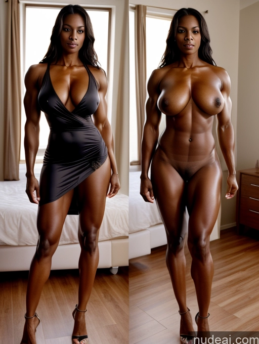 ai nude image of arafed woman in a black dress posing in a bedroom pics of Bodybuilder Perfect Boobs Beautiful Muscular Abs Long Legs Perfect Body 70s Film Photo Front View Dress Topless Bright Lighting Detailed Onoff African Fairer Skin