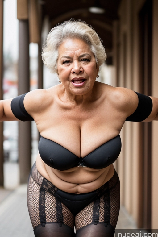 ai nude image of there is a woman in a black bra top and fishnets posing for a picture pics of Milf One Huge Boobs Big Ass Thick Chubby Big Hips Long Legs Dark Skin Angry Street Nude 70s Fat Boots Gloves Stockings Happy German