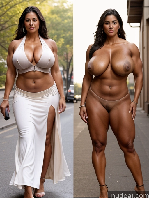 ai nude image of two women in white dresses are posing for a picture pics of Busty Perfect Boobs Muscular Perfect Body 70s Black Hair Film Photo Front View Bright Lighting Detailed Topless Onoff Skinny Indian Bodybuilder Street Long Skirt