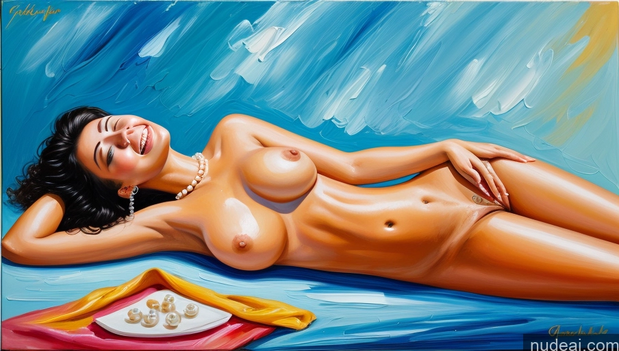 ai nude image of painting of a woman laying on a bed with a tray of food pics of Woman One Perfect Boobs Beautiful Perfect Body 20s Happy Orgasm Sexy Face Indian Painting Side View On Back Nude Pearl Jewelry Detailed