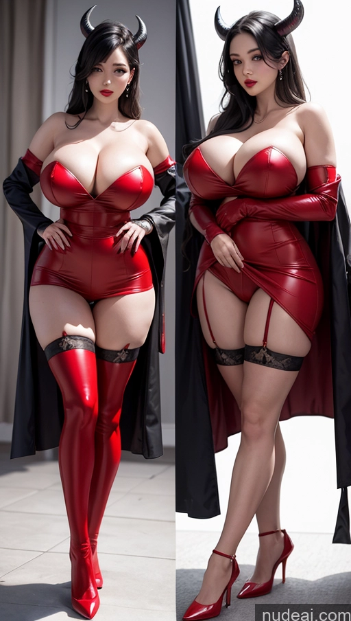 ai nude image of two pictures of a woman in a devil costume and a woman in a devil costume pics of Beautiful Huge Boobs Lipstick Fairer Skin Seductive Sexy Face Black Hair Slicked Korean Front View Devil Stockings Cleavage Bright Lighting Long Legs High Heels